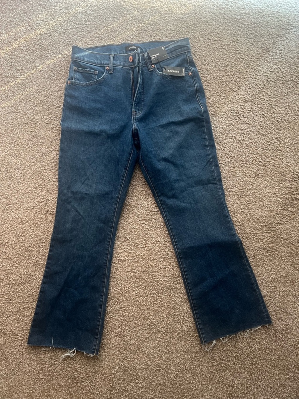 Express Dark Blue Cropped Flare High Rise Jeans